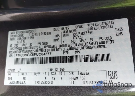 2015 Ford Escape Se from USA, damaged, VIN 1FMCU9GX6FUC84577